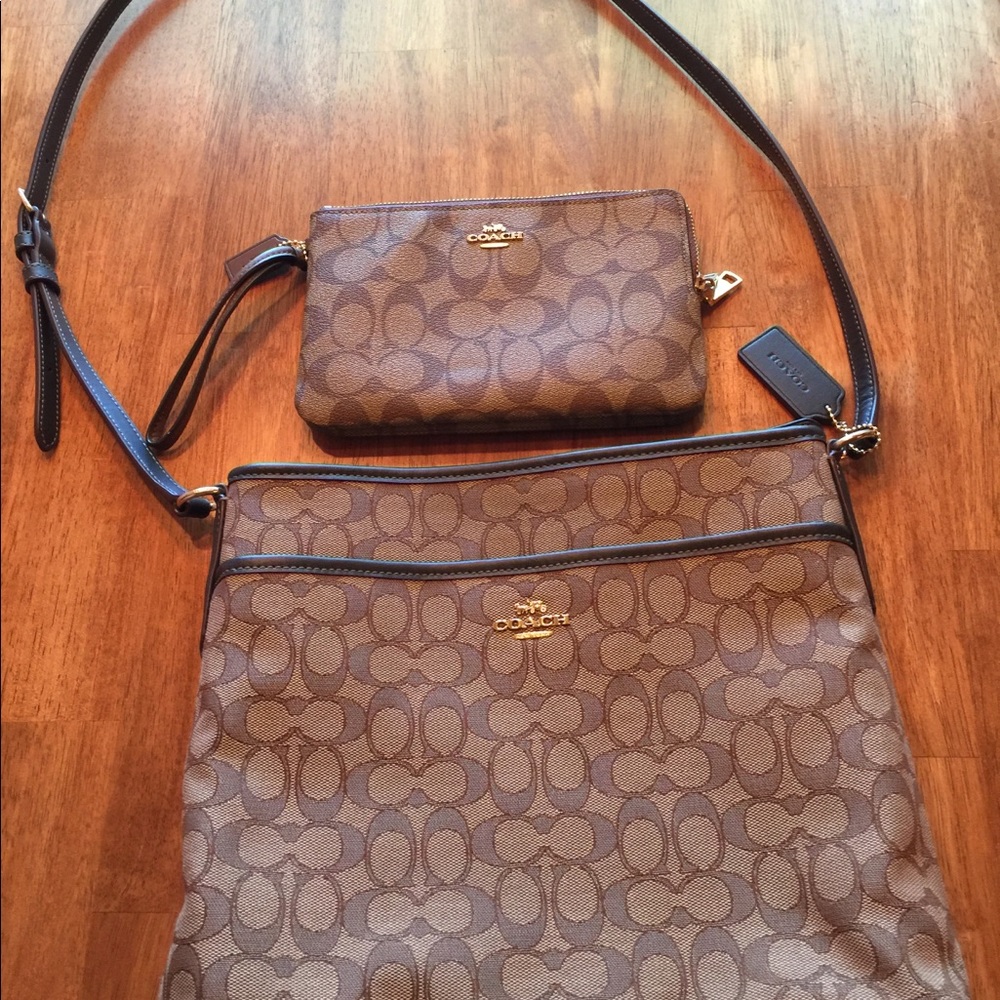 Coach Tan Canvas Logo Shoulder Bag with Wristlet.